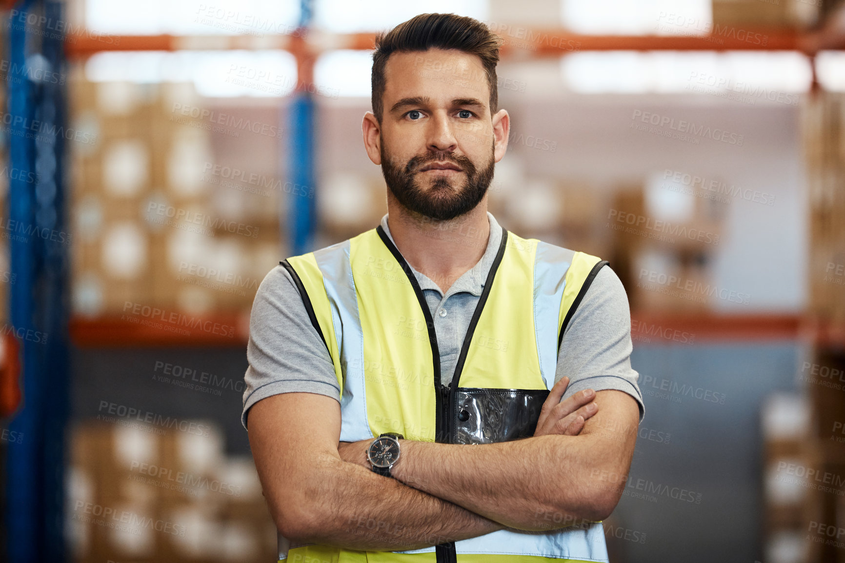 Buy stock photo Logistics, portrait and man in warehouse with arms crossed, stock clerk or pride in supply chain. Serious, confidence or dispatch worker with cargo, inventory coordination or about us in distribution