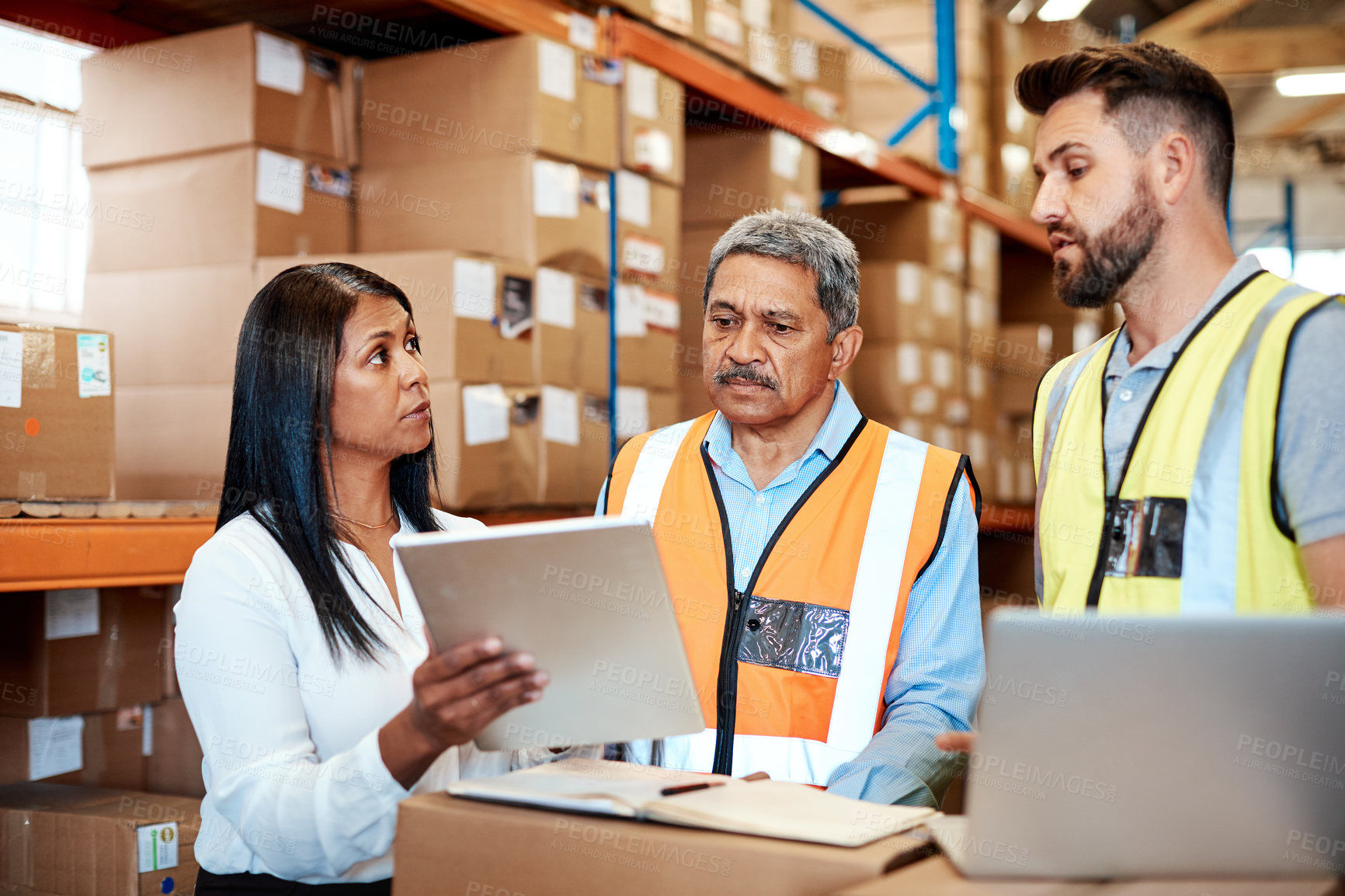 Buy stock photo Teamwork, tablet and communication in warehouse for logistics, supply chain and shipping operations. Technology, WMS or men and woman for online tracking, distribution process or inventory discussion