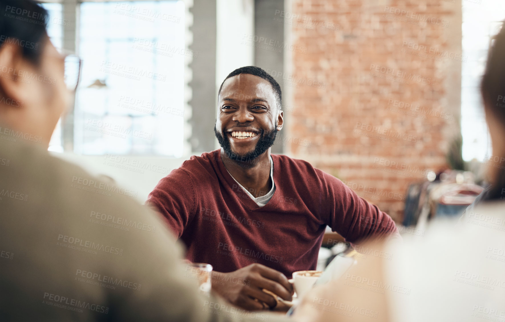Buy stock photo Happy man, friends and relax in cafe with drink, bonding or hang out together on weekend break. Group of customers, smile or person in coffee shop with beverage, community connection or socializing