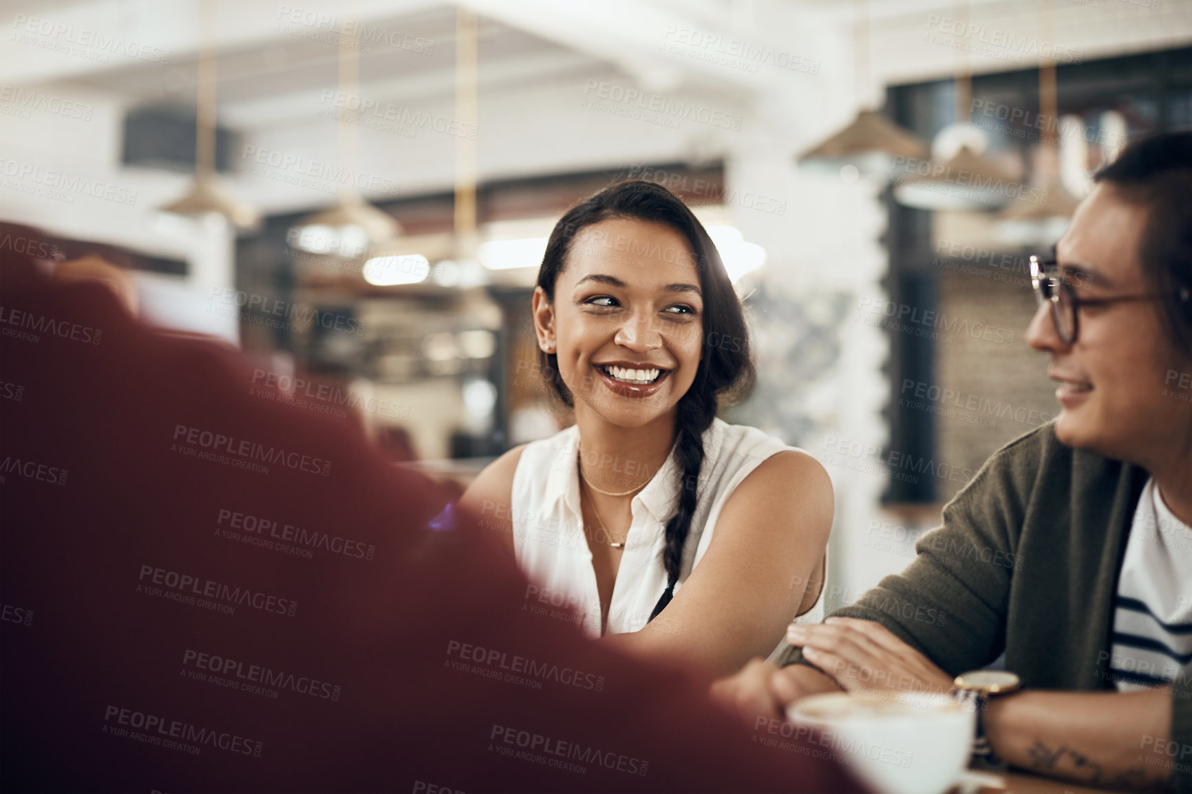 Buy stock photo Bonding, woman and friends in coffee shop with chat, good time and reunion with weekend break. Smile, social gathering and people with conversation, get together and connection with cafe hangout.