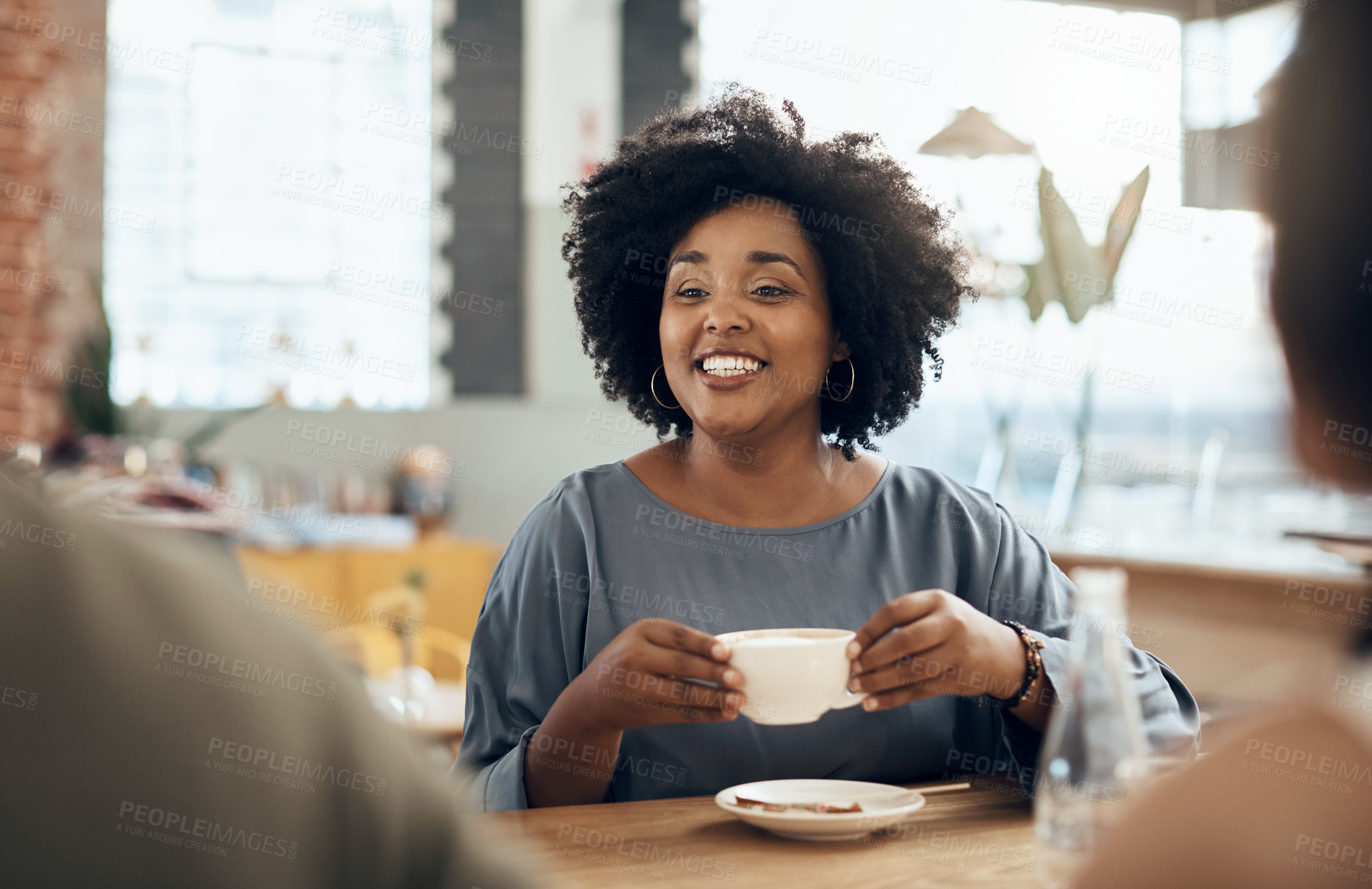 Buy stock photo Happy woman, friends and relax in cafe with drink, bonding or hang out together on weekend gathering. Group of customers, smile or person in coffee shop with beverage, connection or socializing