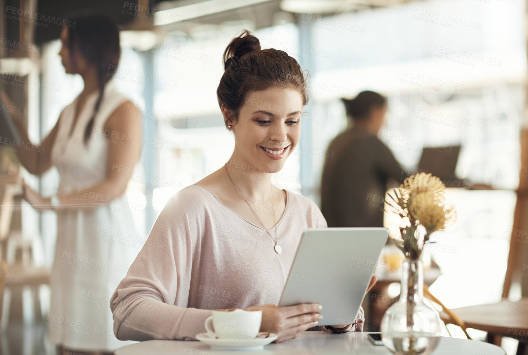 Buy stock photo Tablet, scroll and freelancer with woman in cafe for research, blog editor or media feedback. Online report, remote worker and article update with person in coffee shop for proofreading and planning