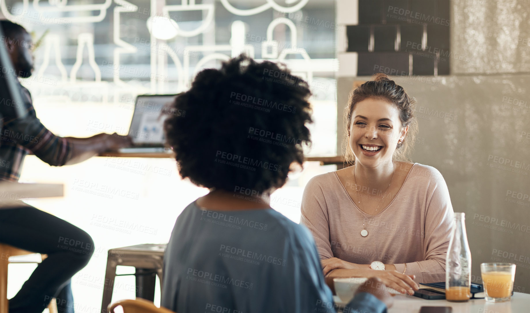 Buy stock photo Relax, woman and friends with laugh in cafe for social bonding, weekend break and funny gossip. Happy, people and conversation in restaurant for catching up, holiday reunion or get together with joke