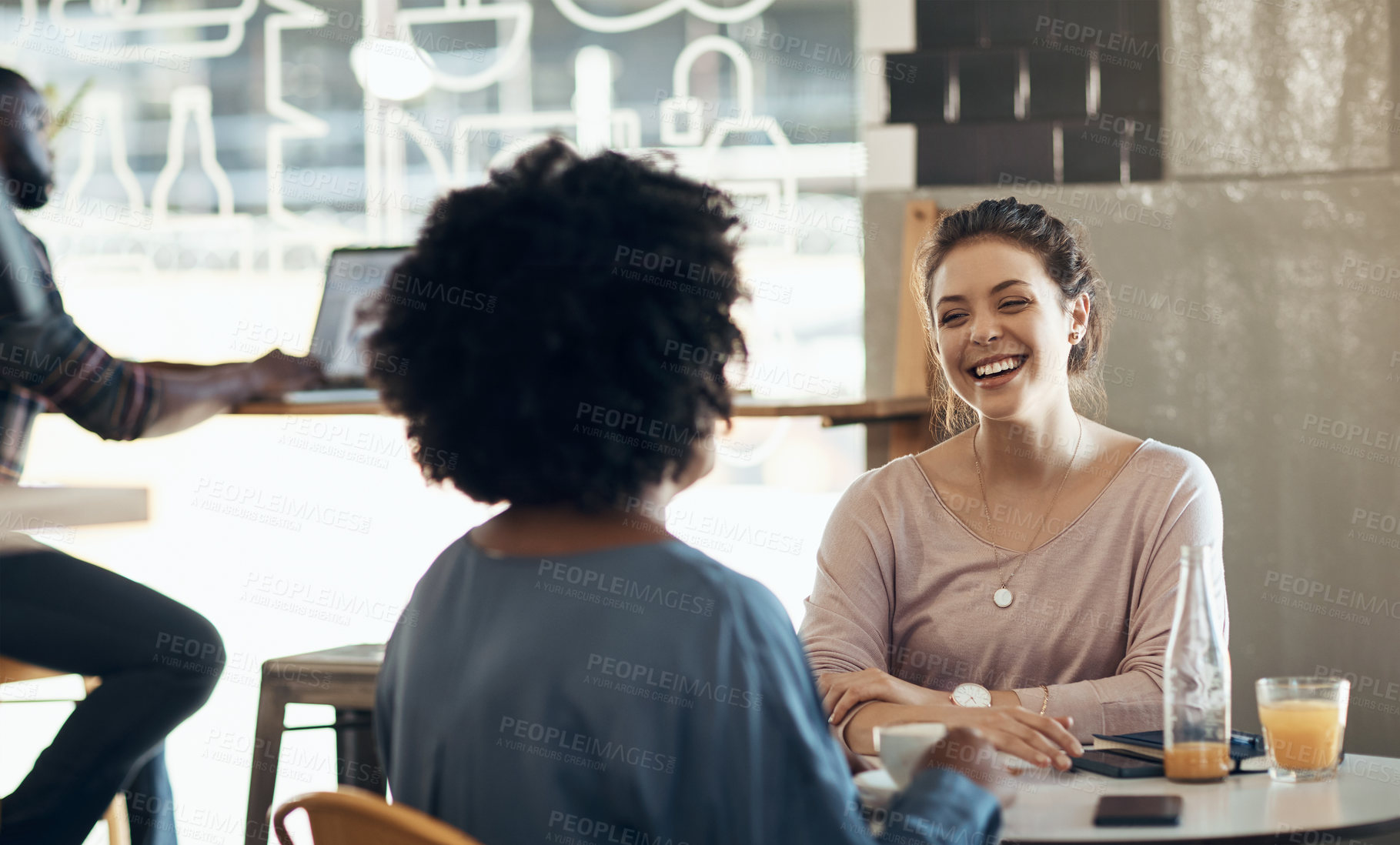 Buy stock photo Fun, woman and friends with laugh in cafe for social bonding, weekend catch up and funny gossip. Happy, people and conversation in restaurant for friendship date, holiday reunion and relax with joke
