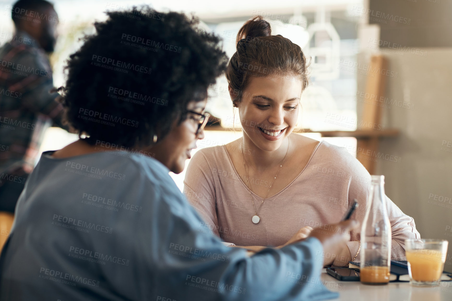 Buy stock photo Friends, relax and phone with women in coffee shop for social media, contact and bonding. Smile, online post and connection with people in cafe for communication, weekend break and gossip page