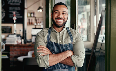 Buy stock photo Portrait of a young man working in a cafe