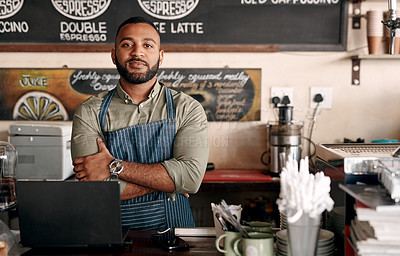 Buy stock photo Portrait of a young man working in a cafe