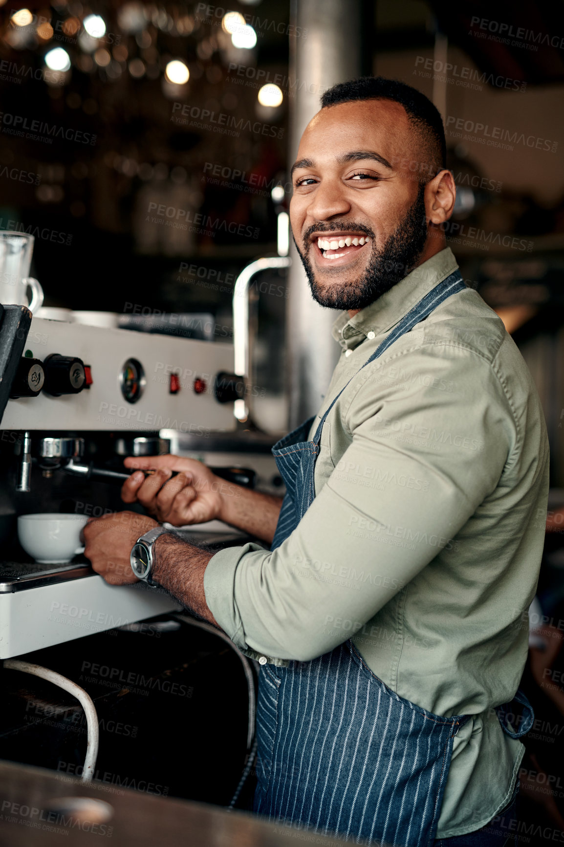 Buy stock photo Portrait of a barista preparing coffee in a cafe