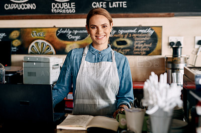 Buy stock photo Portrait of a young woman working in a cafe