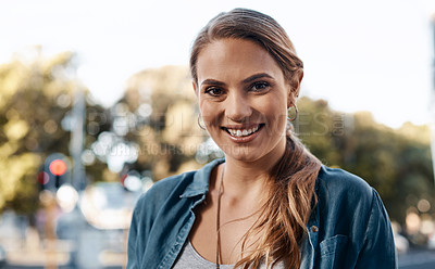 Buy stock photo Portrait of a young woman in the city