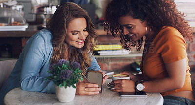 Buy stock photo Shot of two young women using a cellphone together in a cafe
