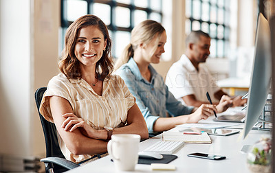 Buy stock photo Portrait of a confident young businesswoman working in an office