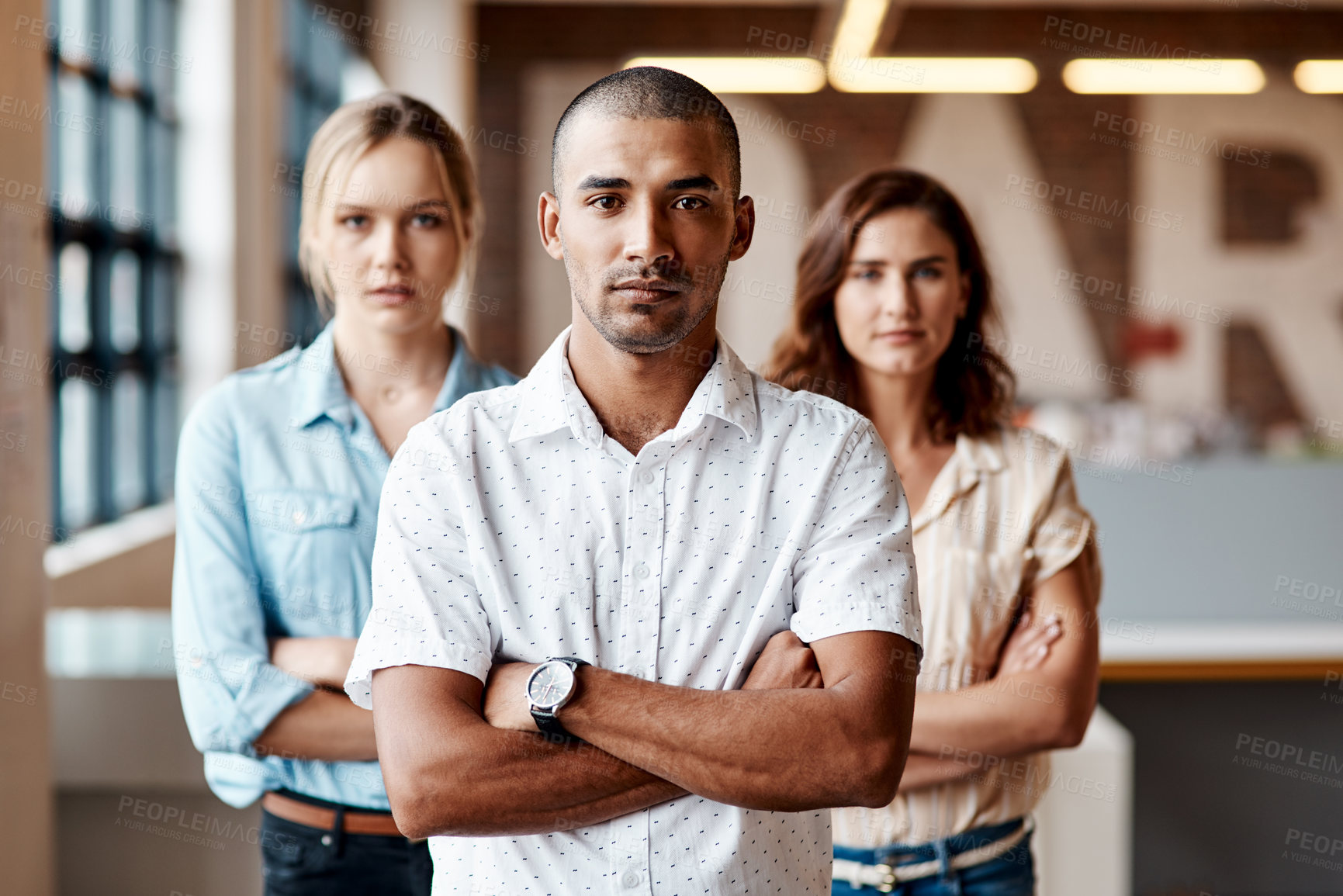 Buy stock photo Portrait of a group of businesspeople standing together in an office