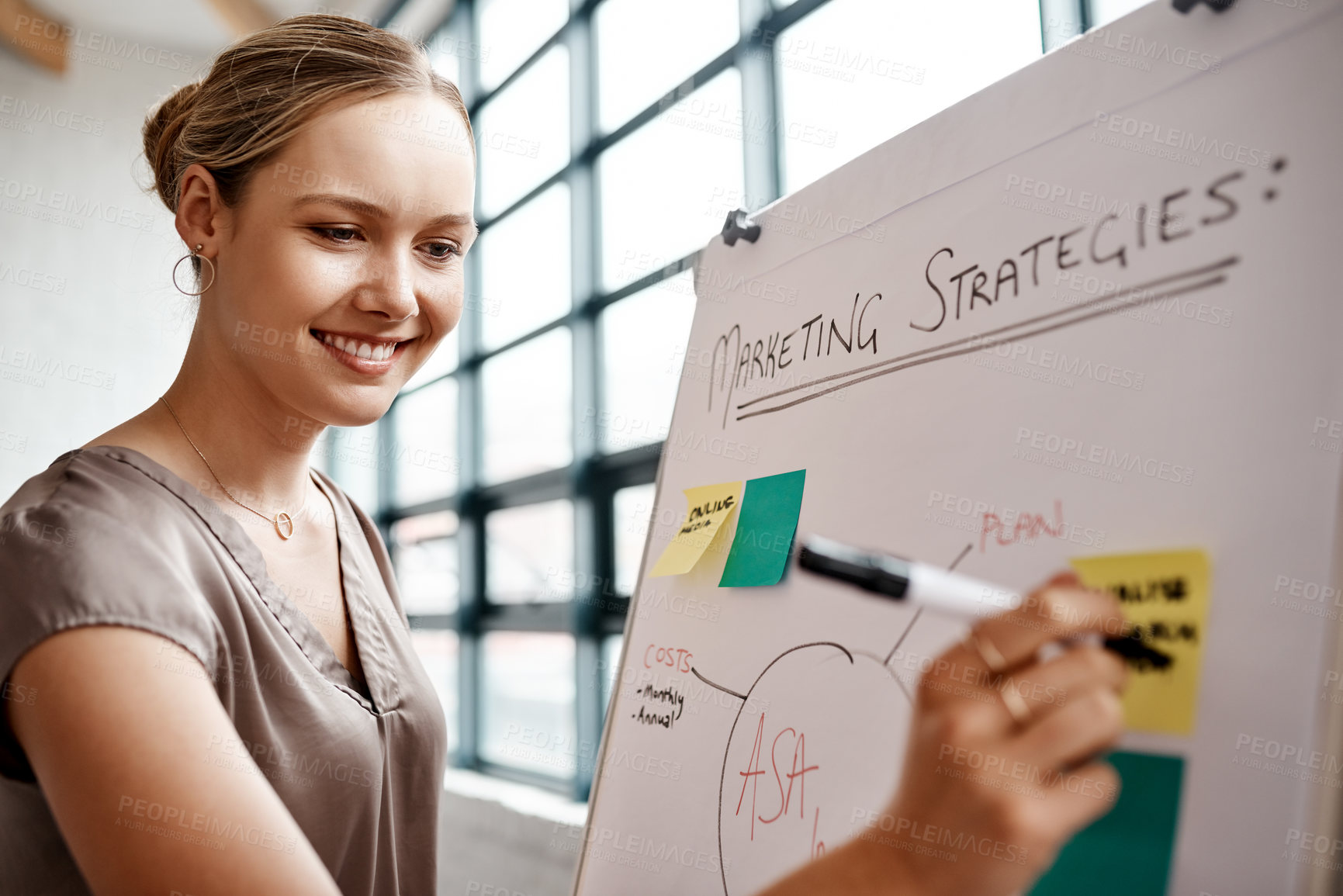 Buy stock photo Woman, sticky note and writing with whiteboard for presentation, brainstorming or meeting. Person, marketing strategy or speaker with smile for project management, feedback or training in office