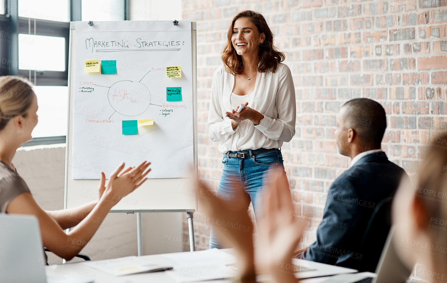 Buy stock photo Presentation, whiteboard and woman with business people, applause and planning for sales pitch. Meeting, speaker and creative team clapping for marketing strategy, brand campaign or positive feedback