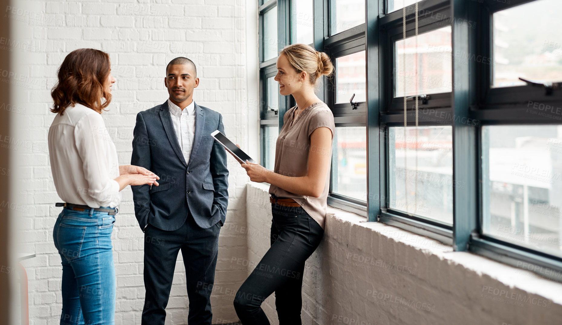 Buy stock photo Meeting, office and business people with tablet for real estate, property development and planning. Team, talking and workers on tech for commercial sale, listing review and website for auction