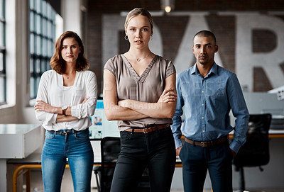 Buy stock photo Portrait of a group of businesspeople standing together in an office
