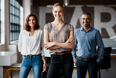 Buy stock photo Portrait of a group of businesspeople standing together in an office