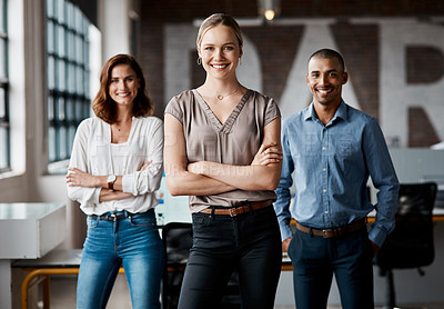 Buy stock photo Portrait of a group of businesspeople standing together in an office