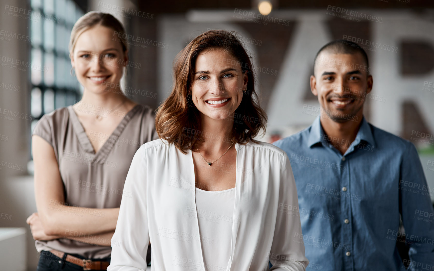 Buy stock photo Portrait of a group of businesspeople standing together in an office