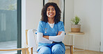 Wellness, portrait or nurse in house with arms crossed, home service or pride as medical practitioner. Happy, ambition or woman with confidence, healthcare professional or about us in assisted living