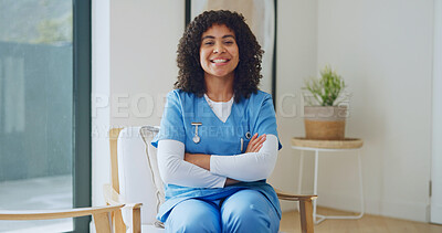 Buy stock photo Healthcare, portrait or nurse in house with arms crossed, home service or pride as medical practitioner. Happy, ambition or woman with confidence, medic professional or about us in assisted living.