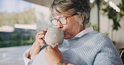 Buy stock photo Elderly, woman or thinking with tea in wheelchair for herbal beverage or comfort in home. Thoughtful, senior or female person with a disability, cup or mug for morning drink, sight or memory in house