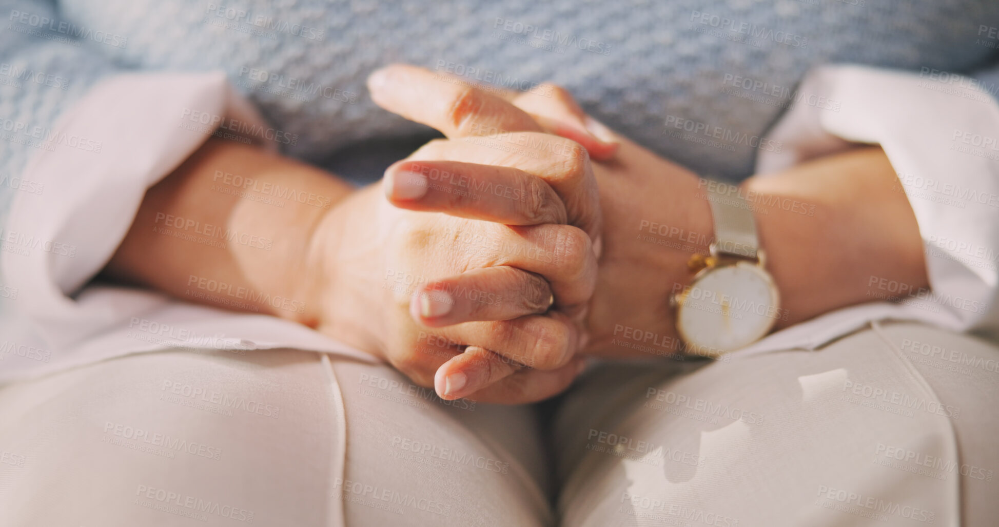 Buy stock photo Mental health, old person or hands in home with nerves, anxiety trigger or memory of past trauma. Stress, overwhelmed or senior woman with flashback, overthinking or fear in emotional thoughts.