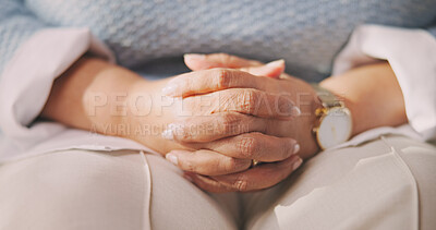 Buy stock photo Mental health, old person or hands in home with worry, anxiety trigger or memory of past trauma. Stress, overwhelmed or elderly woman with flashback, overthinking or fear in emotional thoughts.