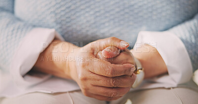 Buy stock photo Mental health, old person or hands in house with nerves, anxiety trigger or memory of past trauma. Stress, overwhelmed or senior woman with flashback, overthinking or fear in emotional thoughts.