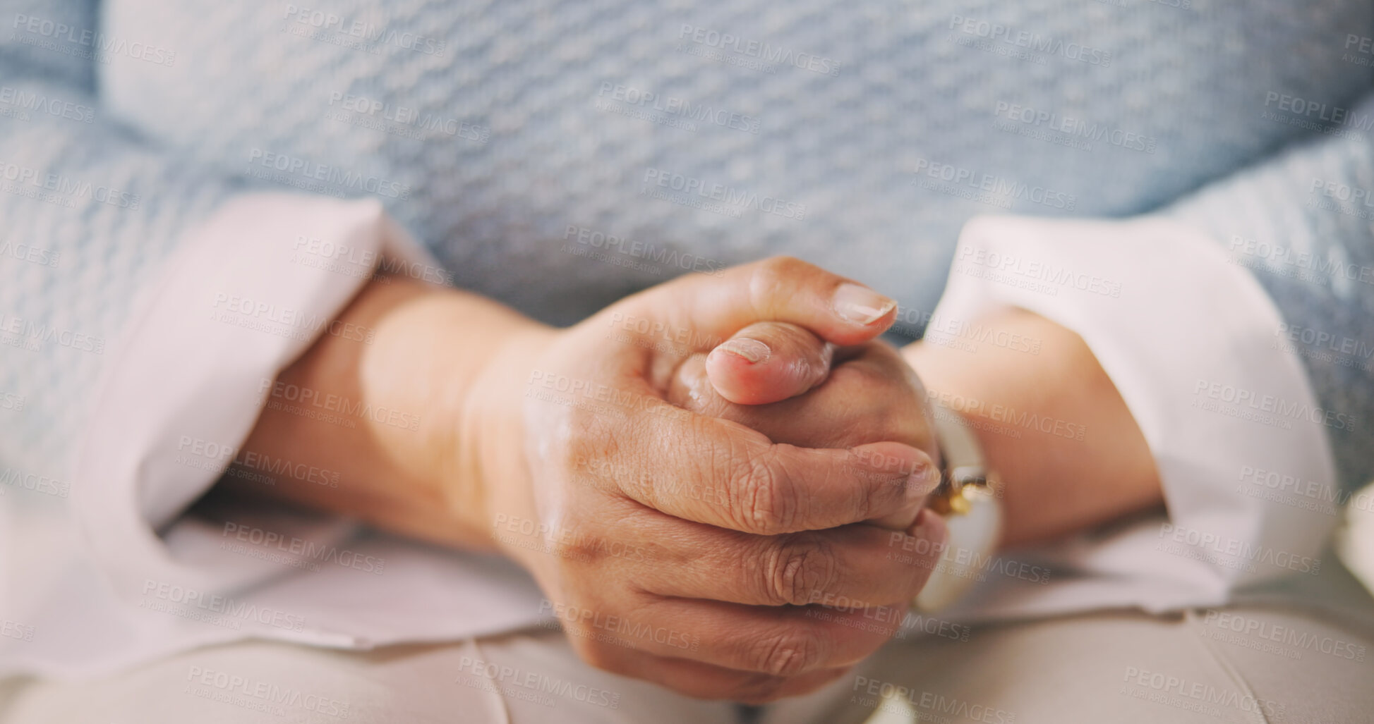 Buy stock photo Mental health, old person or hands in house with nerves, anxiety trigger or memory of past trauma. Stress, overwhelmed or senior woman with flashback, overthinking or fear in emotional thoughts.