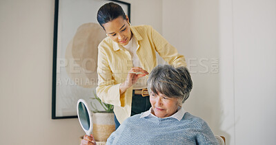 Buy stock photo Haircare, daughter or old woman in home with mirror, grooming or morning routine in senior care. Happy, elderly person or family with comb, getting ready or hair styling assistance in retirement.