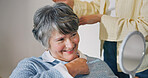 Haircare, senior mom or woman in house with mirror, grooming or family bonding in morning routine. Happy, elderly person or daughter with tool, getting ready or hairstyle assistance in retirement.