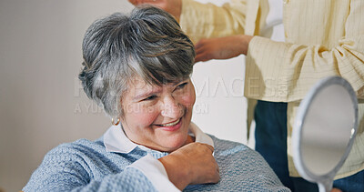 Buy stock photo Haircare, senior mom or woman in house with mirror, grooming or family bonding in morning routine. Happy, elderly person or daughter with tool, getting ready or hairstyle assistance in retirement.