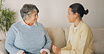 Conversation, relax and woman with senior mother on sofa in home for advice, bonding or connection. Happy, talking and person with elderly mom for family gossip or discussion together on weekend.