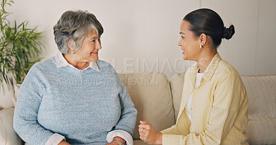 Buy stock photo Conversation, relax and woman with senior mother on sofa in home for advice, bonding or connection. Happy, talking and person with elderly mom for family gossip or discussion together on weekend.
