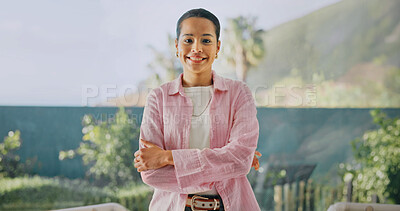 Buy stock photo Portrait, happy woman and confidence in home by window, creative freelancer or fashion magazine writer. Person, smile and arms crossed with pride for career ambition, style editor and remote work