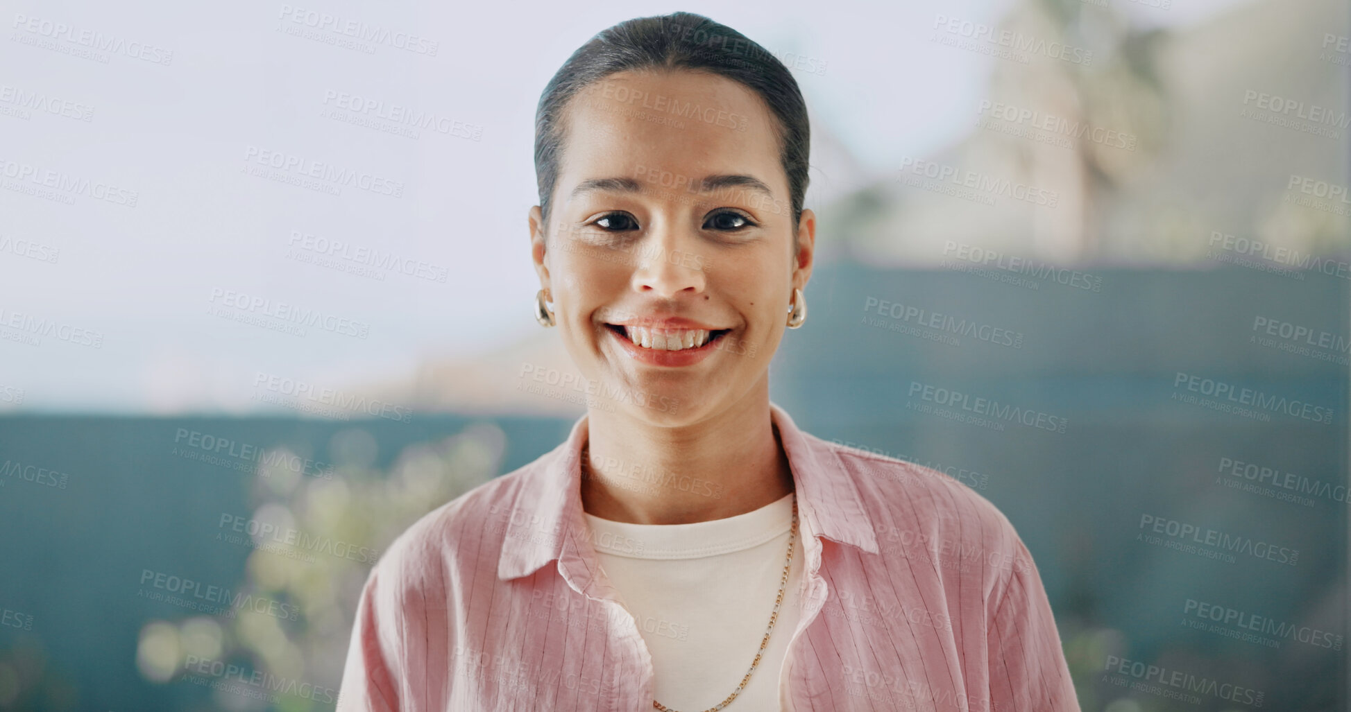 Buy stock photo Wellness, portrait or woman at window with smile, positive attitude or optimistic on day off. Wellbeing, space or female person in home with good mood, happy moment or satisfaction on weekend break.