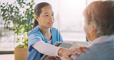 Buy stock photo Nurse, old woman and shoulder touch for help, health support and encourage with tablet at home. Caregiver, retirement and comfort with medical care, assisted living and trust with homecare service