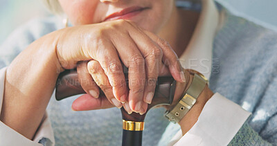 Buy stock photo Hands, walking stick and senior woman in house for recovery, balance or rehabilitation with support. Arthritis, retirement and elderly person with disability in home with wooden cane for mobility aid