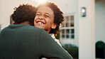 Happy, hug and dad with child outdoor for bonding, loving relationship and affection in backyard. Sunshine, house and African boy with father, embrace and smile with love, trust or care for parenting