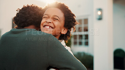 Buy stock photo Happy, hug and dad with child outdoor for bonding, loving relationship and affection in backyard. Sunshine, house and African boy with father, embrace and smile with love, trust or care for parenting