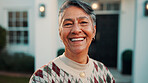 Happy, portrait and senior woman by new house, property and excited for moving in retirement. Smile, outdoor and elderly person with confidence, positivity and good mood for investment in front yard