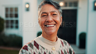 Buy stock photo Happy, portrait and senior woman by new house, property and excited for moving in retirement. Smile, outdoor and elderly person with confidence, positivity and good mood for investment in front yard