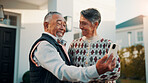 Smile, old couple and selfie outdoor at new house, photography and social media for real estate. Happy, senior people and profile picture update for memory, property success and retirement investment
