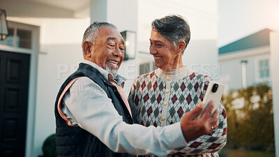 Buy stock photo Smile, old couple and selfie outdoor at new house, photography and social media for real estate. Happy, senior people and profile picture update for memory, property success and retirement investment