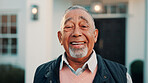 Happy, portrait and senior man by new house, property and excited for moving in retirement. Smile, outdoor and elderly person with confidence, positivity and good mood for investment in front yard