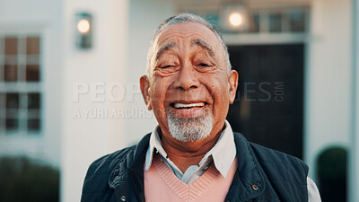 Buy stock photo Happy, portrait and senior man by new house, property and excited for moving in retirement. Smile, outdoor and elderly person with confidence, positivity and good mood for investment in front yard