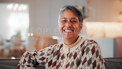 Buy stock photo Smile, portrait and senior woman on sofa for positive attitude, good mood and happy retirement. Home, relax and elderly person on couch with comfort, peace and calm for weekend, afternoon and break