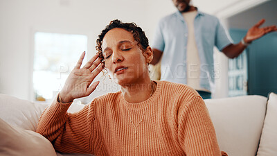 Buy stock photo Upset, fight and woman with partner in home for argument, disagreement or separation. Disappointed, couple or female person with stress or ignore for toxic relationship, dispute or conflict in house